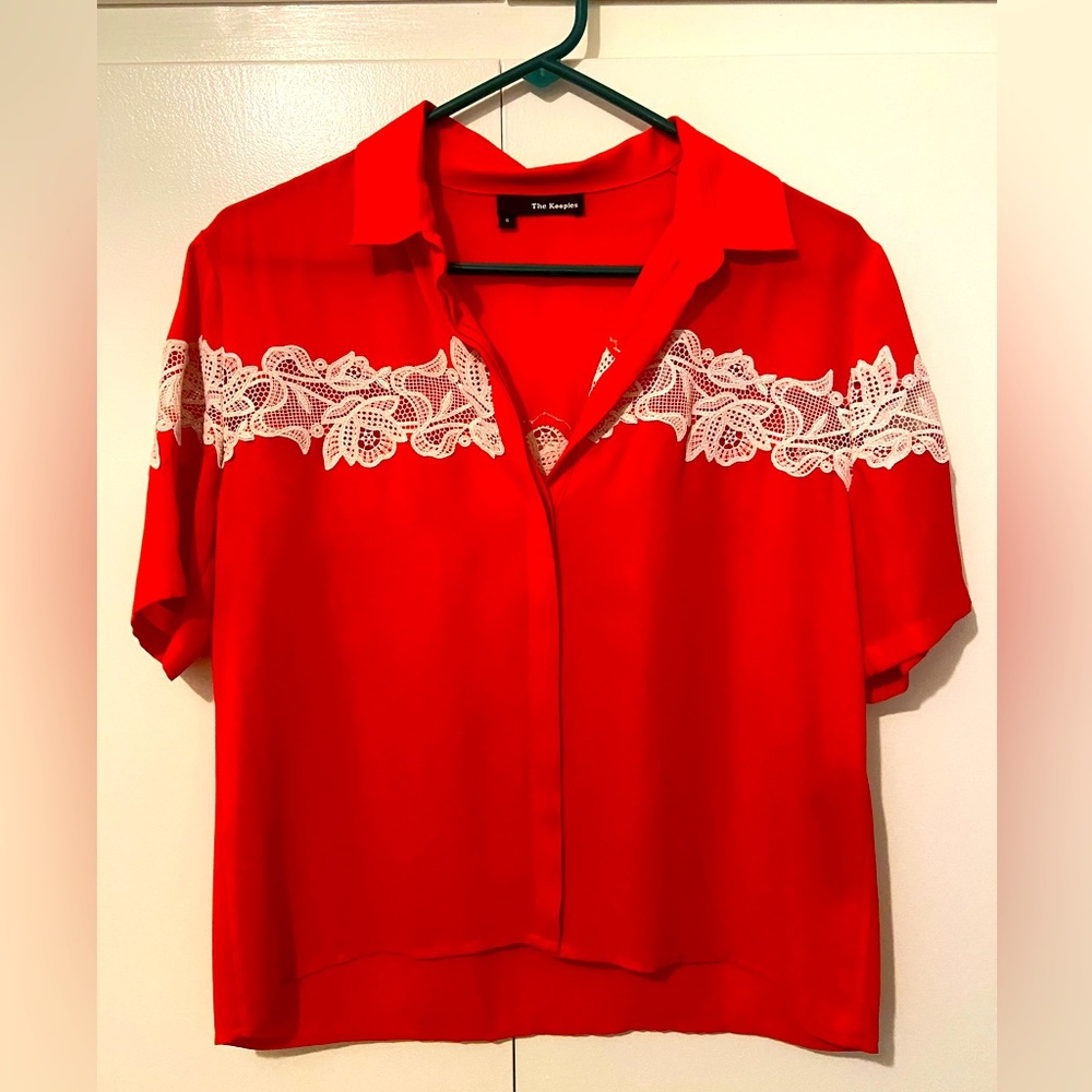 The Kooples Tomato Red Blouse with Lace Accent